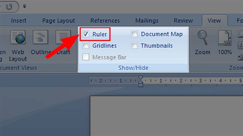 Tích chọn vào Ruler để hiển thị thanh thước kẻ trong Word