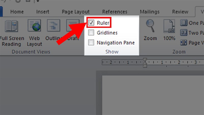 Tích chọn vào Ruler để hiện thanh thước kẻ trong Word