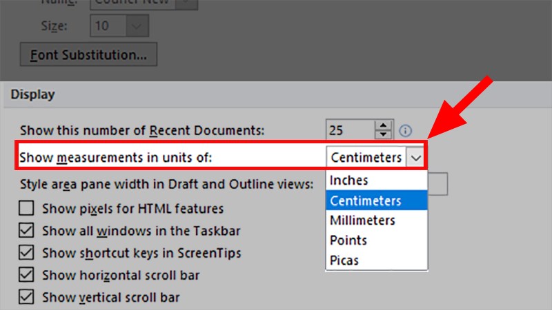 Chỉnh lại đơn vị cho thước tại Show measurements in units of thành cenmeters (cm)