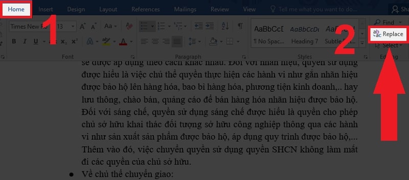 Thao tác tìm kiếm và thay thế từ, cụm từ