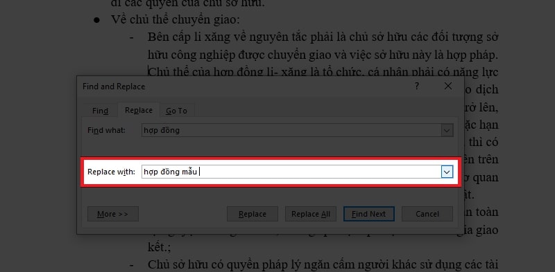 Nhập từ, cụm từ bạn muốn thay thế vào ô Replace with