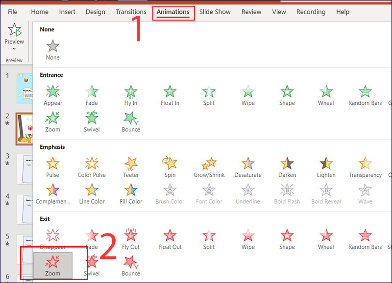 Chọn Zoom trong Exit để tạo hiệu ứng biến mất