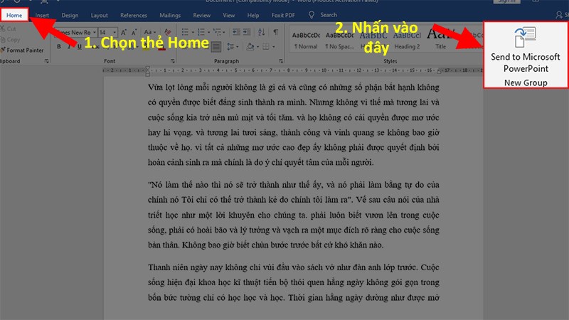 Nhấn vào Send to Microsoft PowerPoint để chuyển toàn bộ dữ liệu từ file Word sang PowerPoint