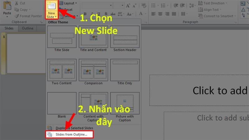 Nhấp chọn vào New Slide > Chọn Slide from Outline