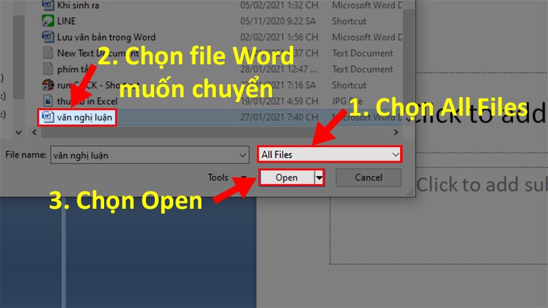 Tìm file Word muốn chuyển đổi > Nhấn Open để chuyển file Word