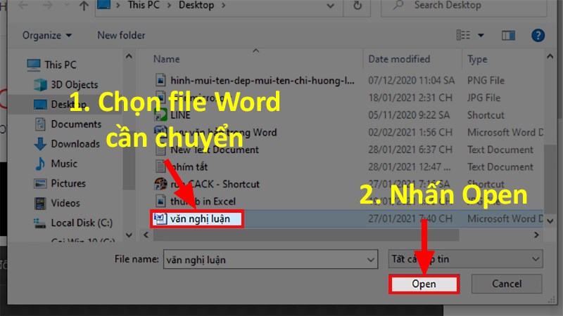 Chọn file Word cần chuyển > Chọn Open