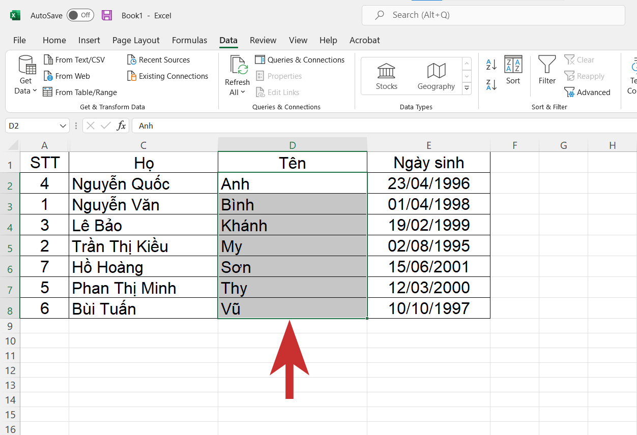 Sắp xếp tên theo thứ tự abc