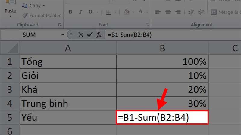Nhập công thức =B1-Sum(B2:B4)