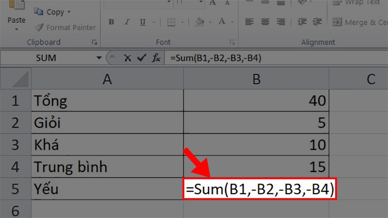 Nhập công thức: =Sum(B1,-B2,-B3,-B4)