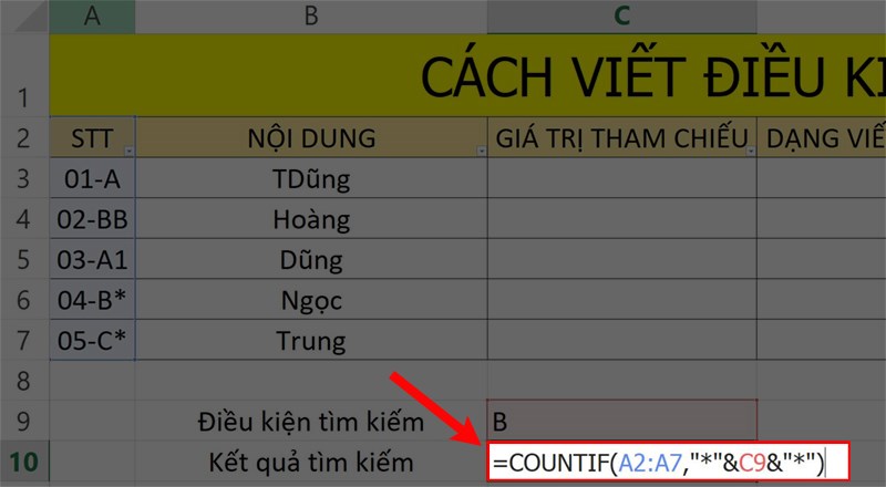 Công thức ký tự đại diện COUNTIF trong Excel