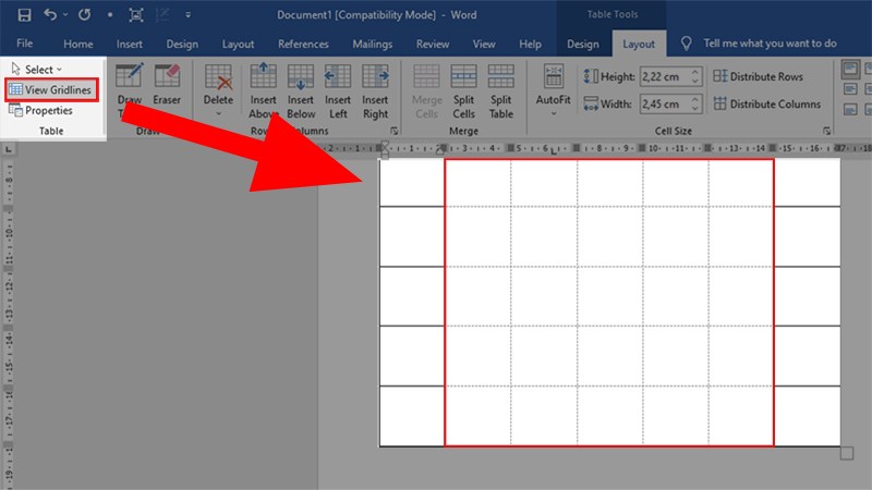 Đến phần Table > Chọn View Gridlines để xem khung kẻ