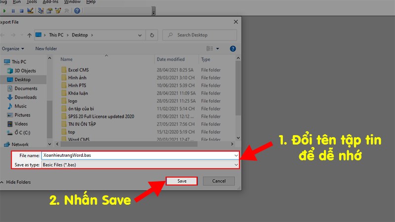 Ở hộp thoại hiên lên thực hiện thay đổi tên cho file dễ nhớ hơn > Nhấn Save để lưu file VBA