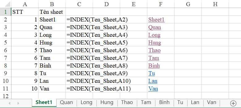 Tạo liên kết các sheet bằng hàm Hyperlink