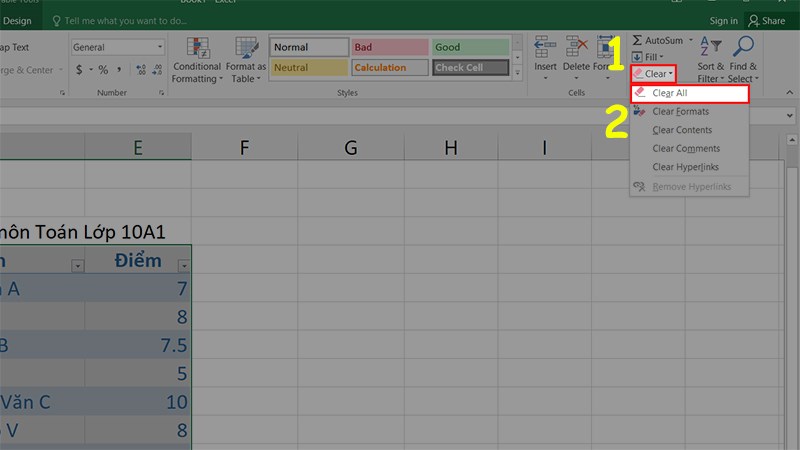Đi đến Phần Editing > Nhấn vào Clear > Chọn Clear All để xóa toàn bộ bảng đã chọn