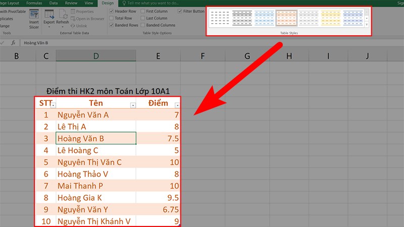 Đi đến phần Table Styles > Chọn kiểu bảng muốn đổi để đổi kiểu bảng trong Excel