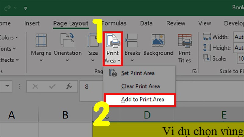 Đi đến phần Page Setup > Chọn Print Area > Chọn Add to Print Area để thêm các vùng in đã chọn