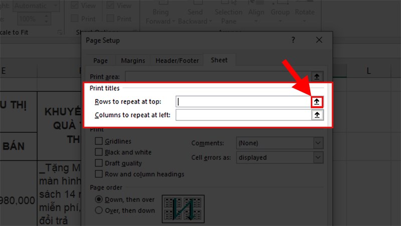 Ở thẻ Sheet phần Print titles chọn Rows to repeat at top