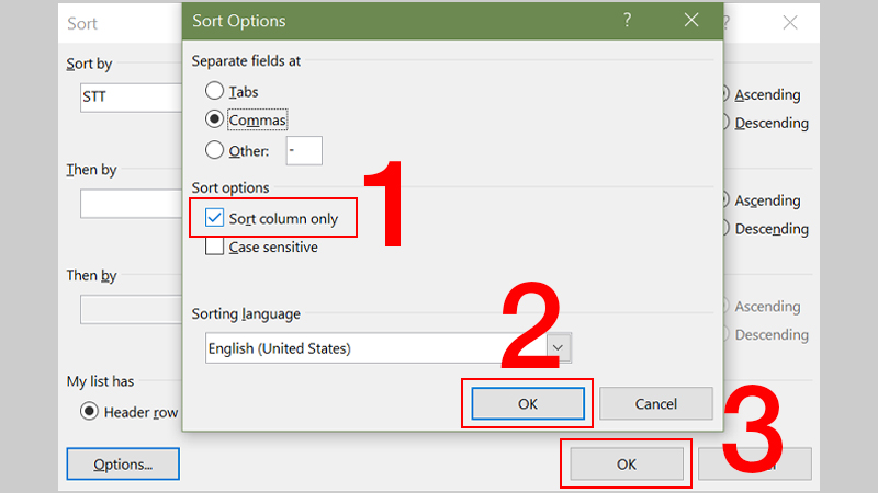 Chọn Sort column only