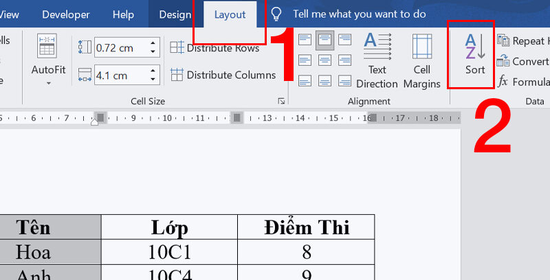 Nhấn tab Layout > Chọn Sort