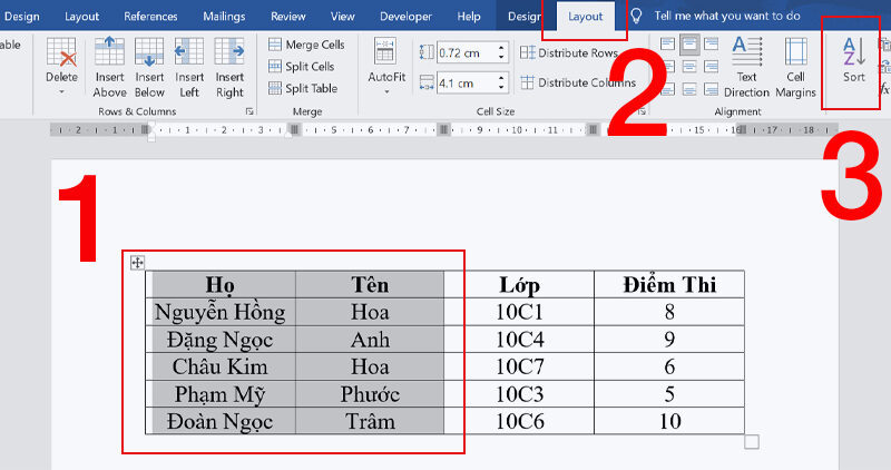 Bôi đen cả cột Họ và Tên > Nhấn tab Layout > Chọn Sort