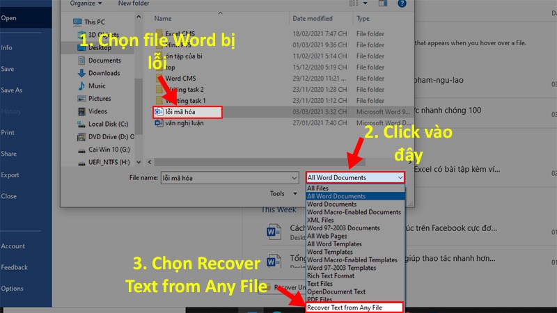 Click vào file mã hóa nhưng không được mở > Nhấn vào All Word Documents > Chọn Recover Text from Any File