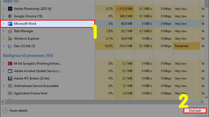 Tìm kiếm và click chuột vào Word > Nhấn chọn End task