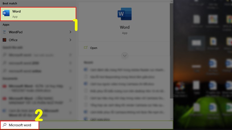 Tìm kiếm phần mềm Word ở thanh tìm kiếm trên Windows