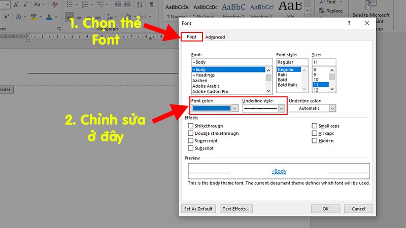 Ở hộp thoại hiện lên > Chọn thẻ Font > Chỉnh sửa ở các phần như trong hình