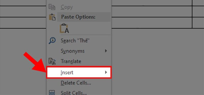 Nhấp chuột phải vào bảng đã tạo trong Word > Nhấn vào Insert
