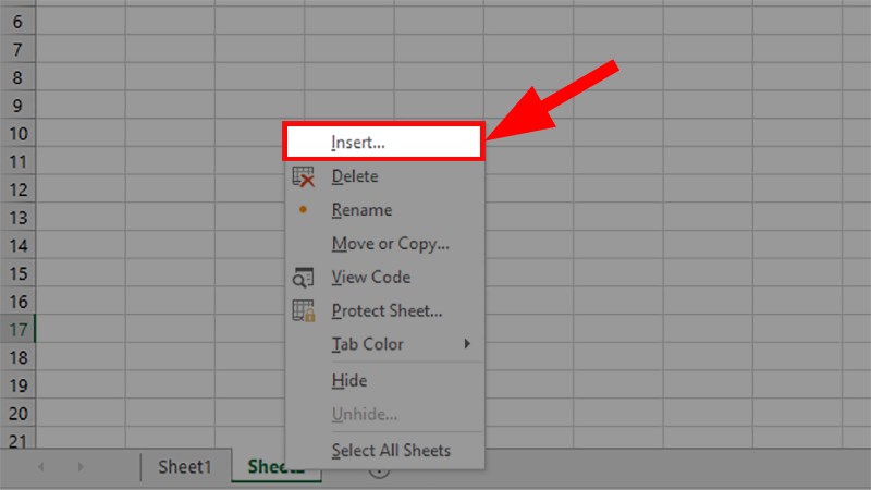 Mở file Excel cần thêm sheet mới > Nhấn chuột phải vào tên sheet > Chọn Insert