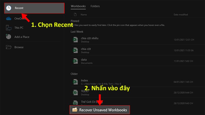 Chọn Recover Unsaved Documents (Khôi phục Tài Liệu chưa lưu)