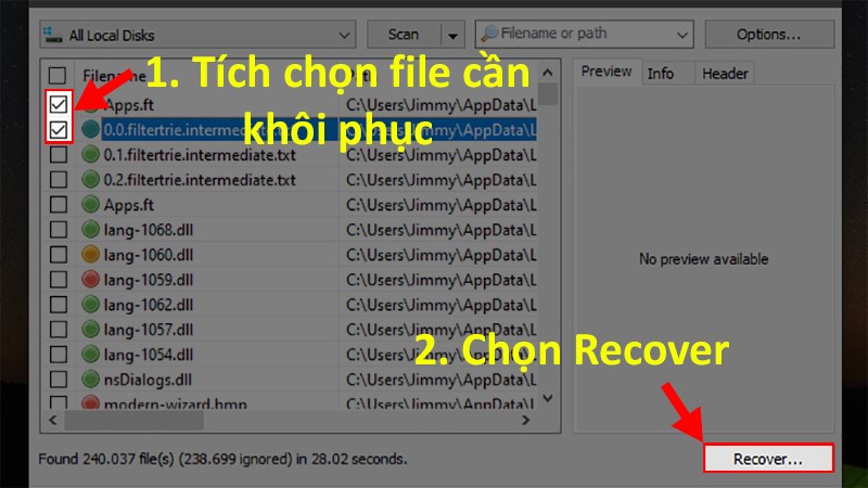 Nhấp vào Recover...