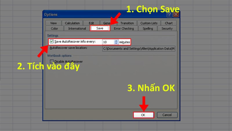 Cách bật AutoSave, AutoRecover đối với phiên bản Excel 2003