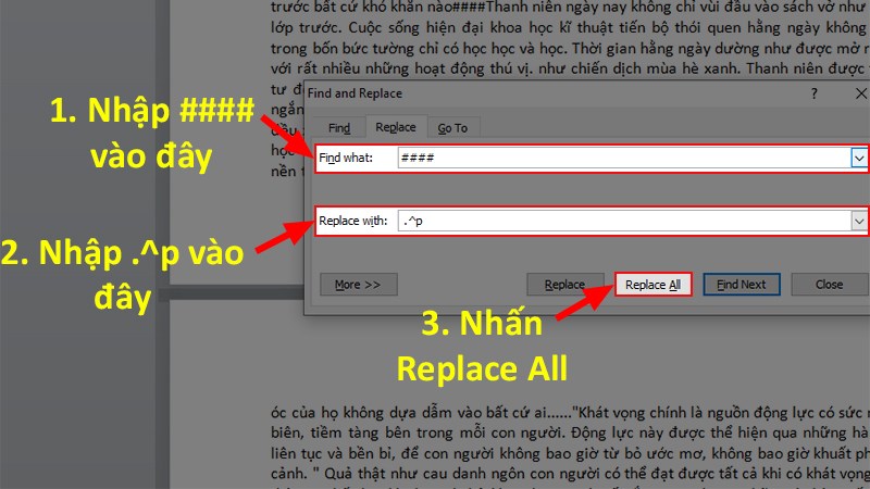 Ở phần Replace with hãy nhập vào “.^p”