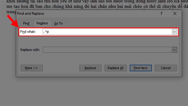 Đến phần Find what nhập “.^p”