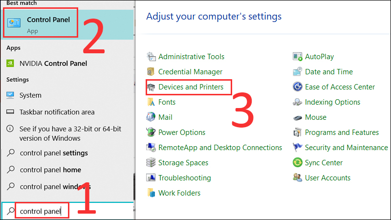 Chọn Control Panel, tìm mục Devices and Printers và chọn nó