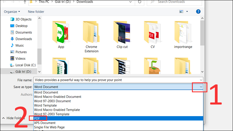 Tại đây bạn lựa chọn Save as type là PDF và lưu file lại dưới dạng file PDF