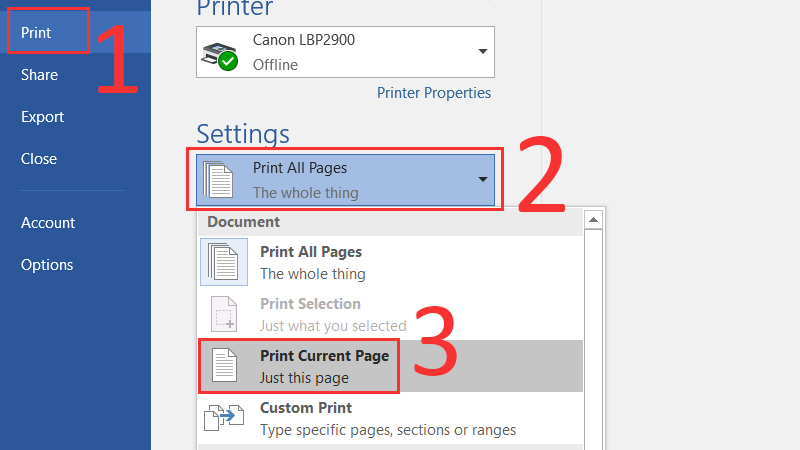 Chuyển Print All Pages sang Print Current Page