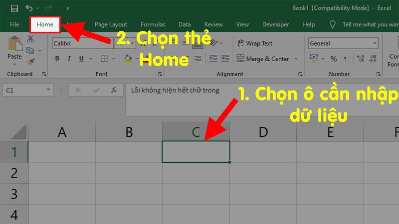 Chọn ô cần nhập dữ liệu trong Excel > Chọn thẻ Home