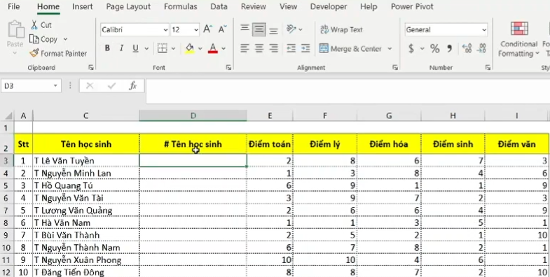 Trường hợp này chúng ta không thể dùng left hoặc right hoặc Ctrl + H: do số lượng ký tự không bằng nhau và chữ T xuất hiện khá nhiều trong tên học sinh