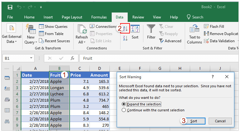 Hình 4: Chọn và sắp xếp một cột làm danh mục cho dòng tính tổng phụ trong Excel
