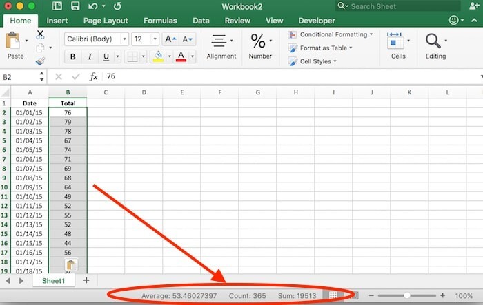 Hình 3: Thể hiện các chỉ số chính trên thanh status trong Excel