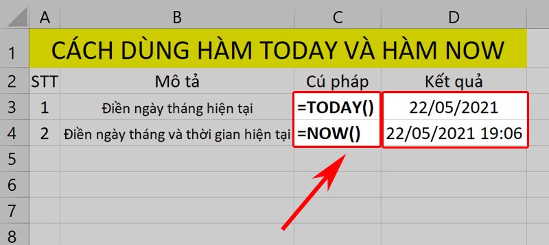 Hàm TODAY và NOW tự động cập nhật thời gian