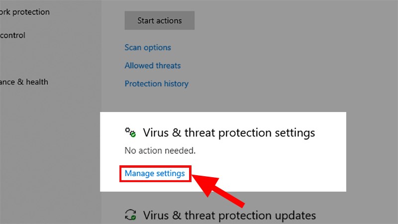 Hộp thoại Windows Security hiện lên > Đi đến mục Virus & threat protection settings > Chọn Manage settings