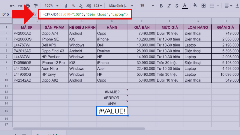 Lỗi #VALUE!